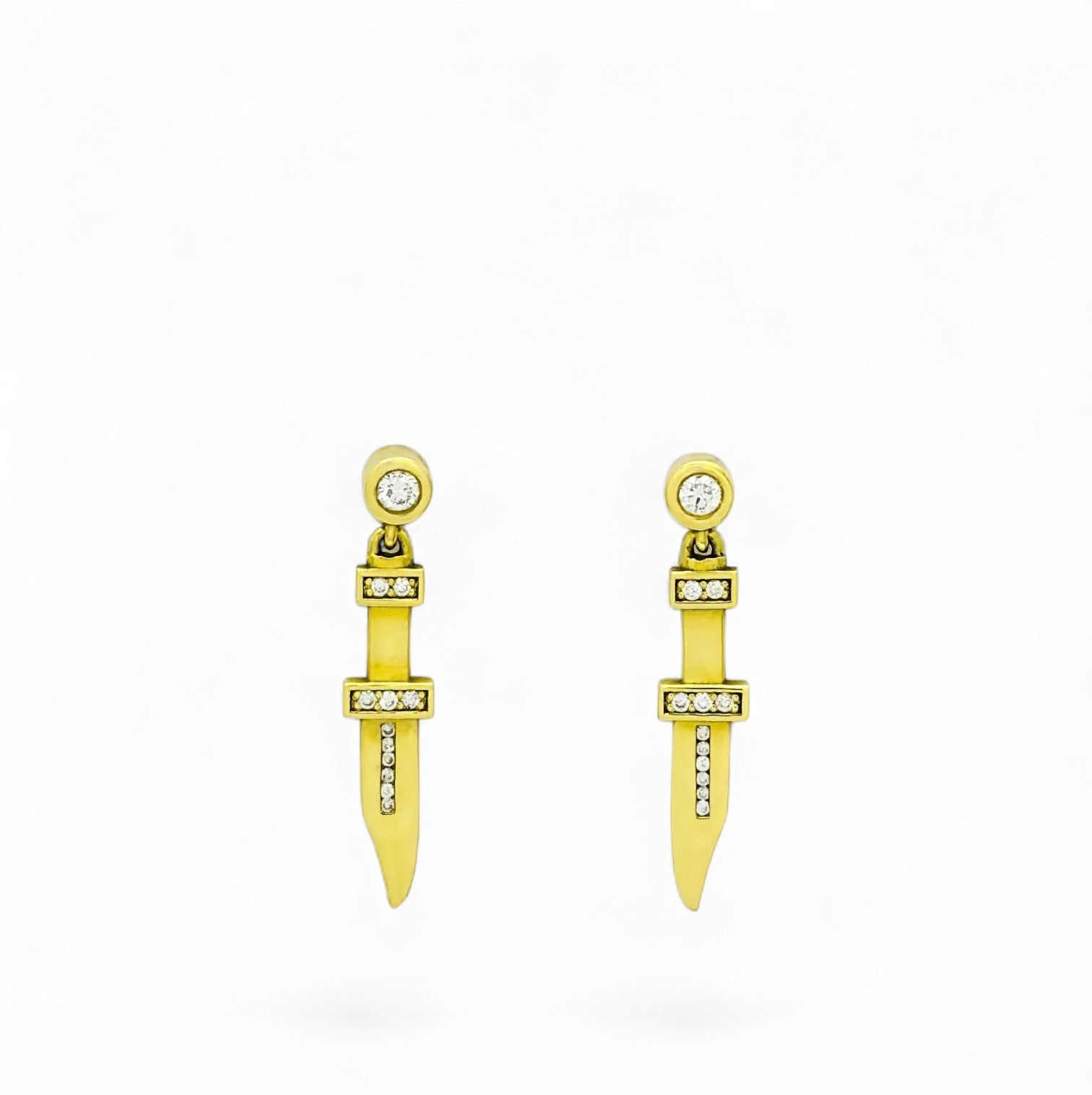 "18k yellow gold dagger drop earrings with white diamonds"